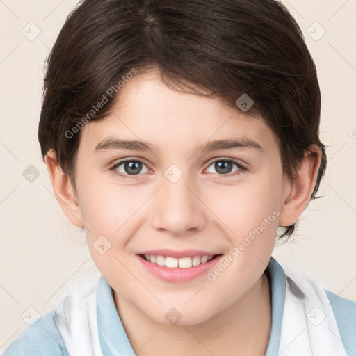 Joyful white child female with medium  brown hair and brown eyes