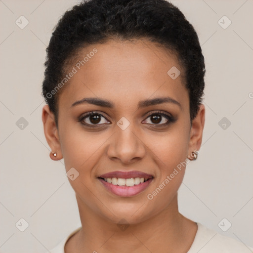 Joyful latino young-adult female with short  brown hair and brown eyes