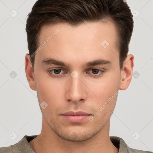 Neutral white young-adult male with short  brown hair and brown eyes