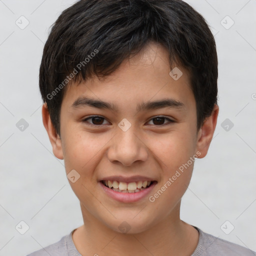 Joyful white child male with short  brown hair and brown eyes