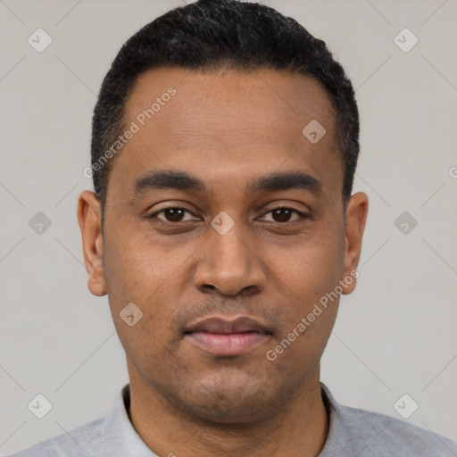 Neutral latino young-adult male with short  black hair and brown eyes