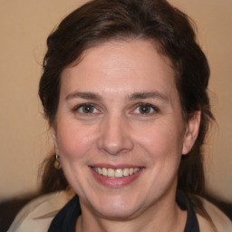 Joyful white adult female with medium  brown hair and brown eyes