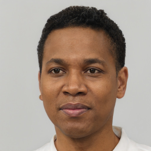 Joyful black adult male with short  black hair and brown eyes