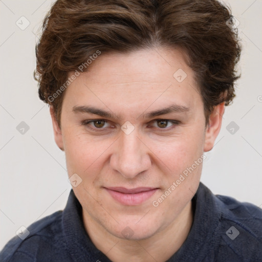 Joyful white adult female with short  brown hair and grey eyes