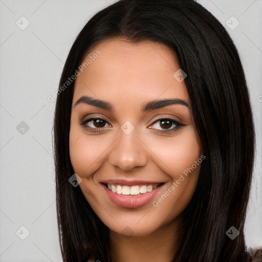 Joyful white young-adult female with long  brown hair and brown eyes