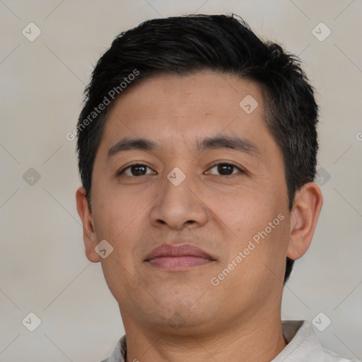 Neutral asian young-adult male with short  brown hair and brown eyes