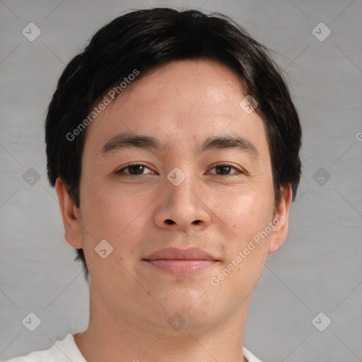 Neutral asian young-adult male with short  brown hair and brown eyes