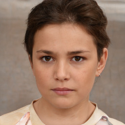 Neutral white young-adult female with short  brown hair and brown eyes