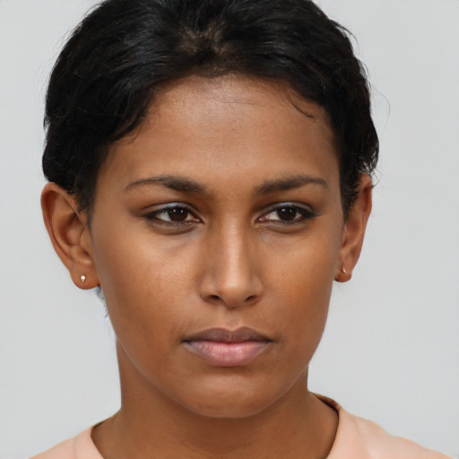 Neutral asian young-adult female with short  brown hair and brown eyes