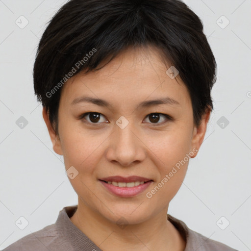 Joyful asian young-adult female with short  brown hair and brown eyes