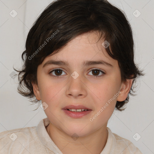 Joyful white child female with medium  brown hair and brown eyes