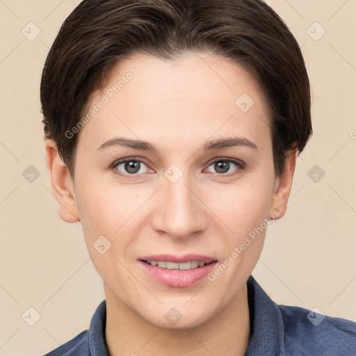 Joyful white young-adult female with short  brown hair and brown eyes