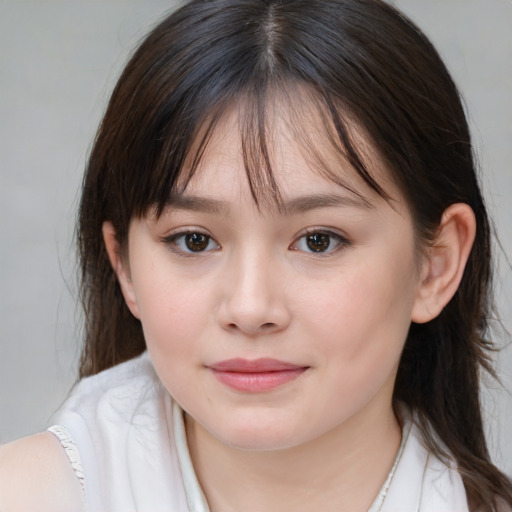 Joyful white child female with medium  brown hair and brown eyes