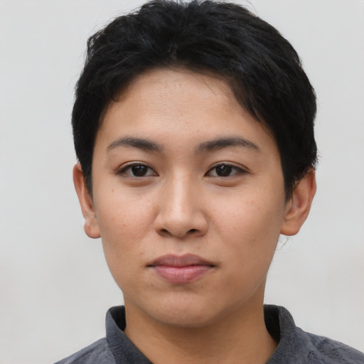 Neutral asian young-adult female with short  black hair and brown eyes