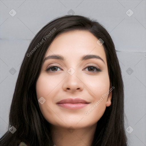 Joyful white young-adult female with long  black hair and brown eyes