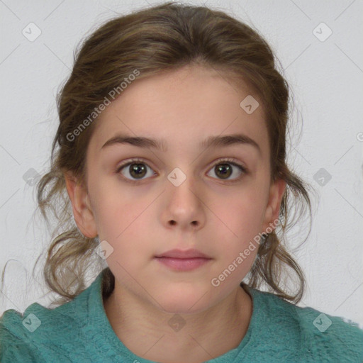 Neutral white child female with medium  brown hair and grey eyes