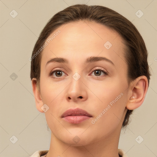 Neutral white young-adult female with short  brown hair and brown eyes