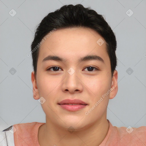 Joyful asian young-adult male with short  black hair and brown eyes