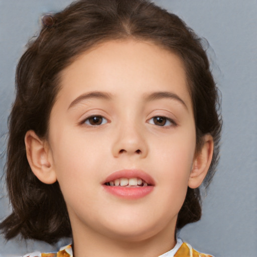 Joyful white child female with medium  brown hair and brown eyes