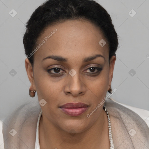 Joyful black young-adult female with short  brown hair and brown eyes