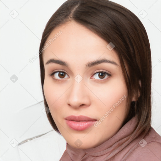 Neutral white young-adult female with medium  brown hair and brown eyes