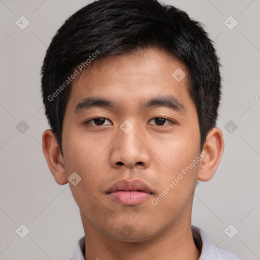 Neutral asian young-adult male with short  brown hair and brown eyes