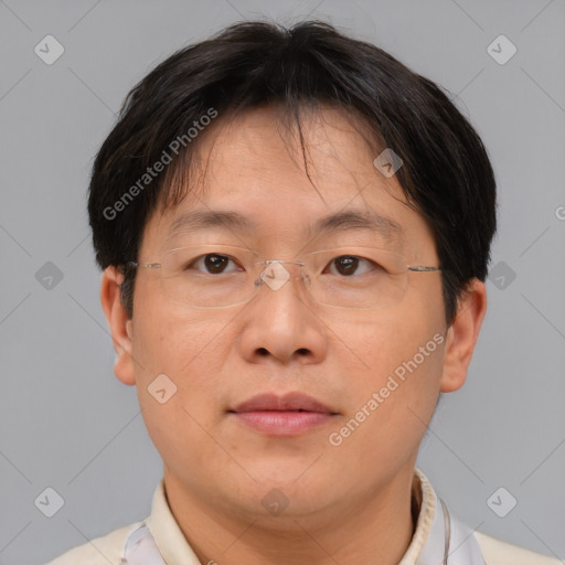 Joyful asian adult male with short  brown hair and brown eyes