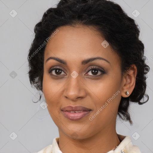 Joyful latino young-adult female with medium  brown hair and brown eyes