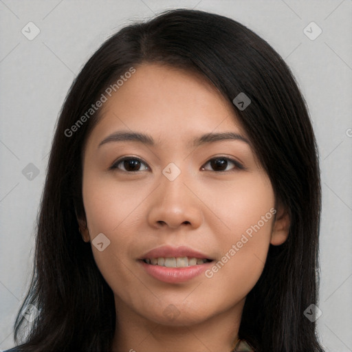 Joyful asian young-adult female with long  brown hair and brown eyes