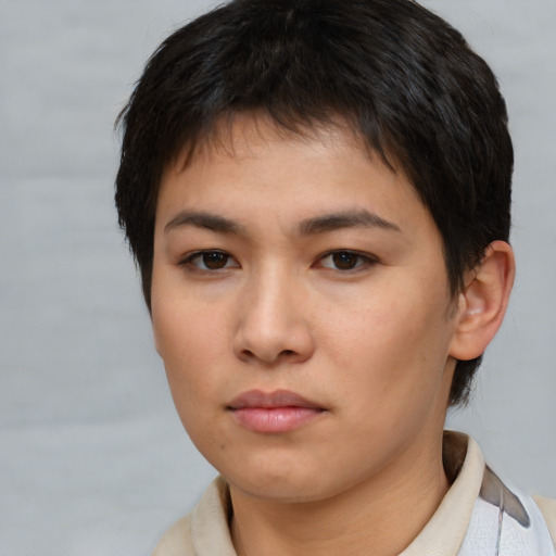 Neutral asian young-adult female with short  brown hair and brown eyes
