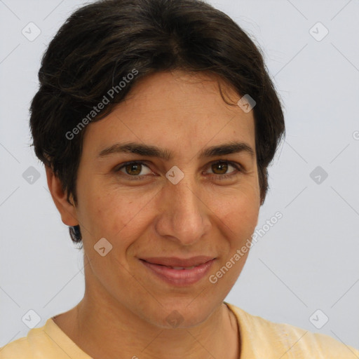 Joyful white adult female with short  brown hair and brown eyes