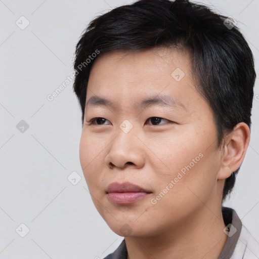 Neutral asian young-adult male with short  black hair and brown eyes