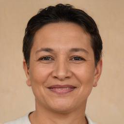 Joyful white adult female with short  brown hair and brown eyes