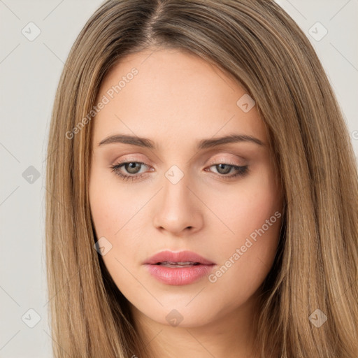 Neutral white young-adult female with long  brown hair and brown eyes