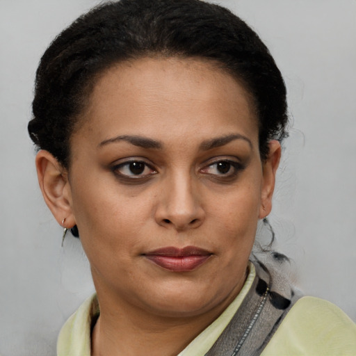 Joyful black young-adult female with short  brown hair and brown eyes