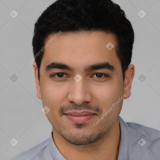 Joyful latino young-adult male with short  black hair and brown eyes