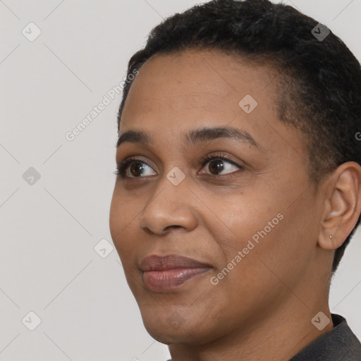 Joyful black young-adult female with short  black hair and brown eyes