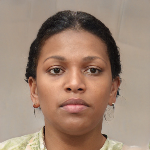 Neutral black young-adult female with short  brown hair and brown eyes