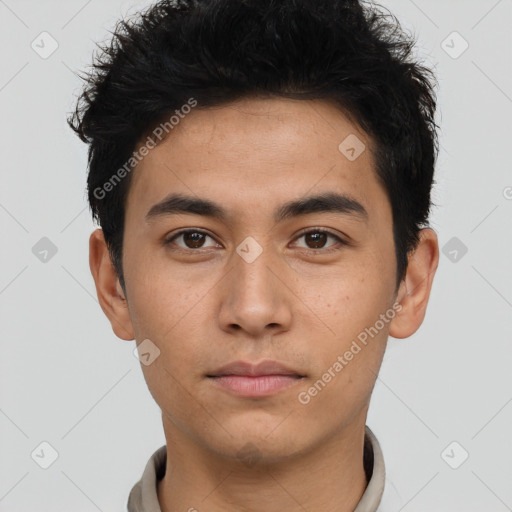 Neutral asian young-adult male with short  black hair and brown eyes