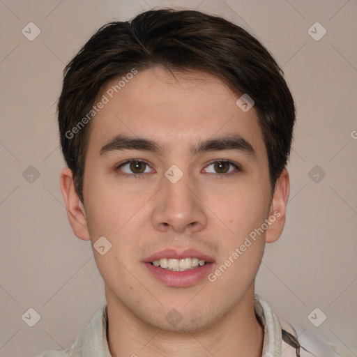 Joyful white young-adult male with short  brown hair and brown eyes