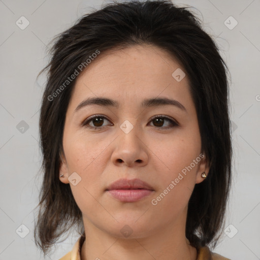 Neutral white young-adult female with medium  brown hair and brown eyes