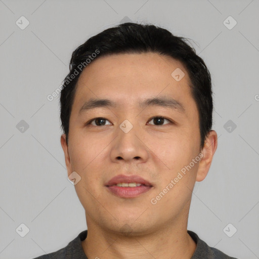 Neutral asian young-adult male with short  black hair and brown eyes