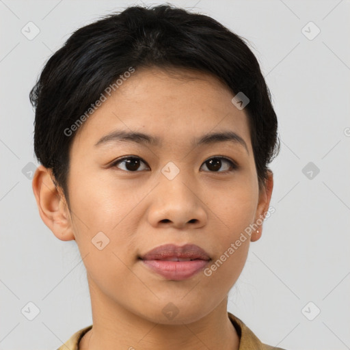 Joyful asian young-adult female with short  brown hair and brown eyes