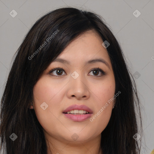 Joyful white young-adult female with long  brown hair and brown eyes