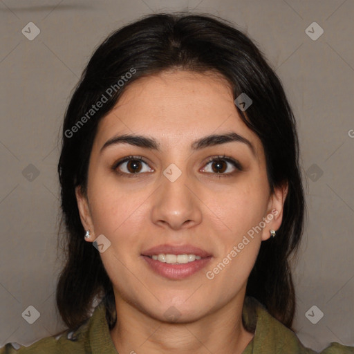 Joyful white young-adult female with medium  brown hair and brown eyes