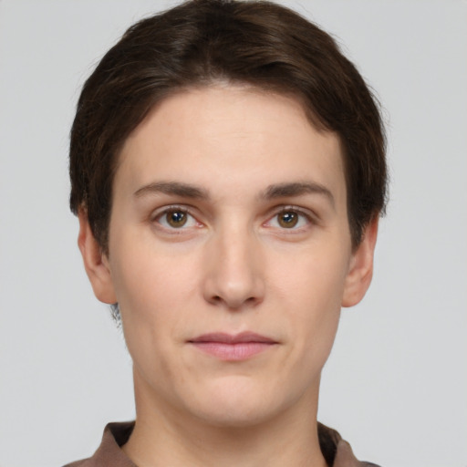 Neutral white young-adult female with short  brown hair and brown eyes