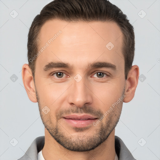 Joyful white young-adult male with short  brown hair and brown eyes