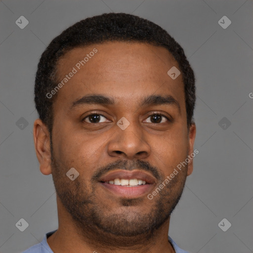 Joyful latino young-adult male with short  brown hair and brown eyes