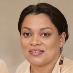 Joyful white adult female with medium  brown hair and brown eyes