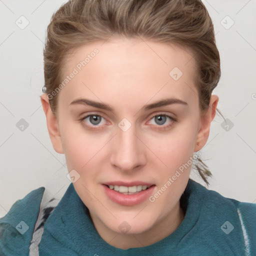 Joyful white young-adult female with medium  brown hair and blue eyes